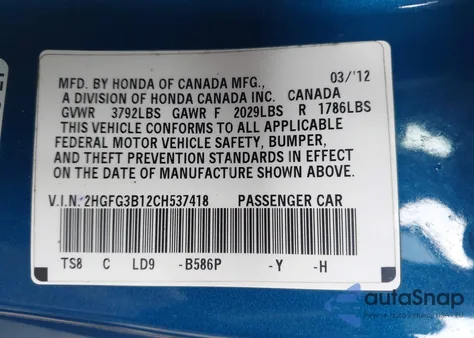 2012 Honda Civic Ex-L from USA, damaged, VIN 2HGFG3B12CH537418